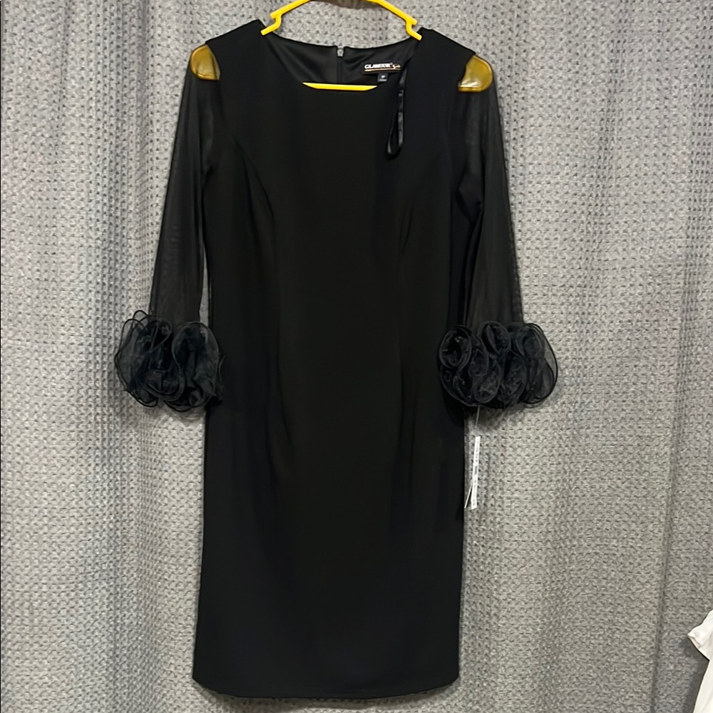 Glamour Black Cocktail Dress with 3/4 Bishop Sleeves and Crew Neck